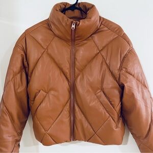 NWT Love Tree Camel Faux Leather Women's Quilted Puffer Jacket Size Small